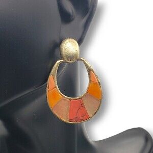 LC Liz Claiborne Inlay Orange Coral Hoop Earrings Matte Gold Tone Color Block